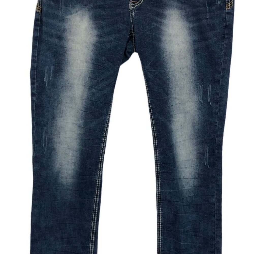RawX Stretch Mens Jeans Sz 32 Distressed Contrast Double Stitching Med Dark Wash - Picture 9 of 11